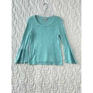 Loft Sweater Bell Sleeves Aqua Blue Womens Small Chevron Loose Knit Top